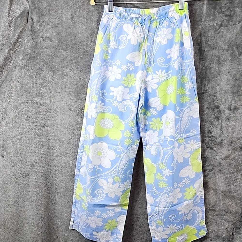 By the Sea Blue White and Green Pajama Floral Pants 100%Cotton  Size S